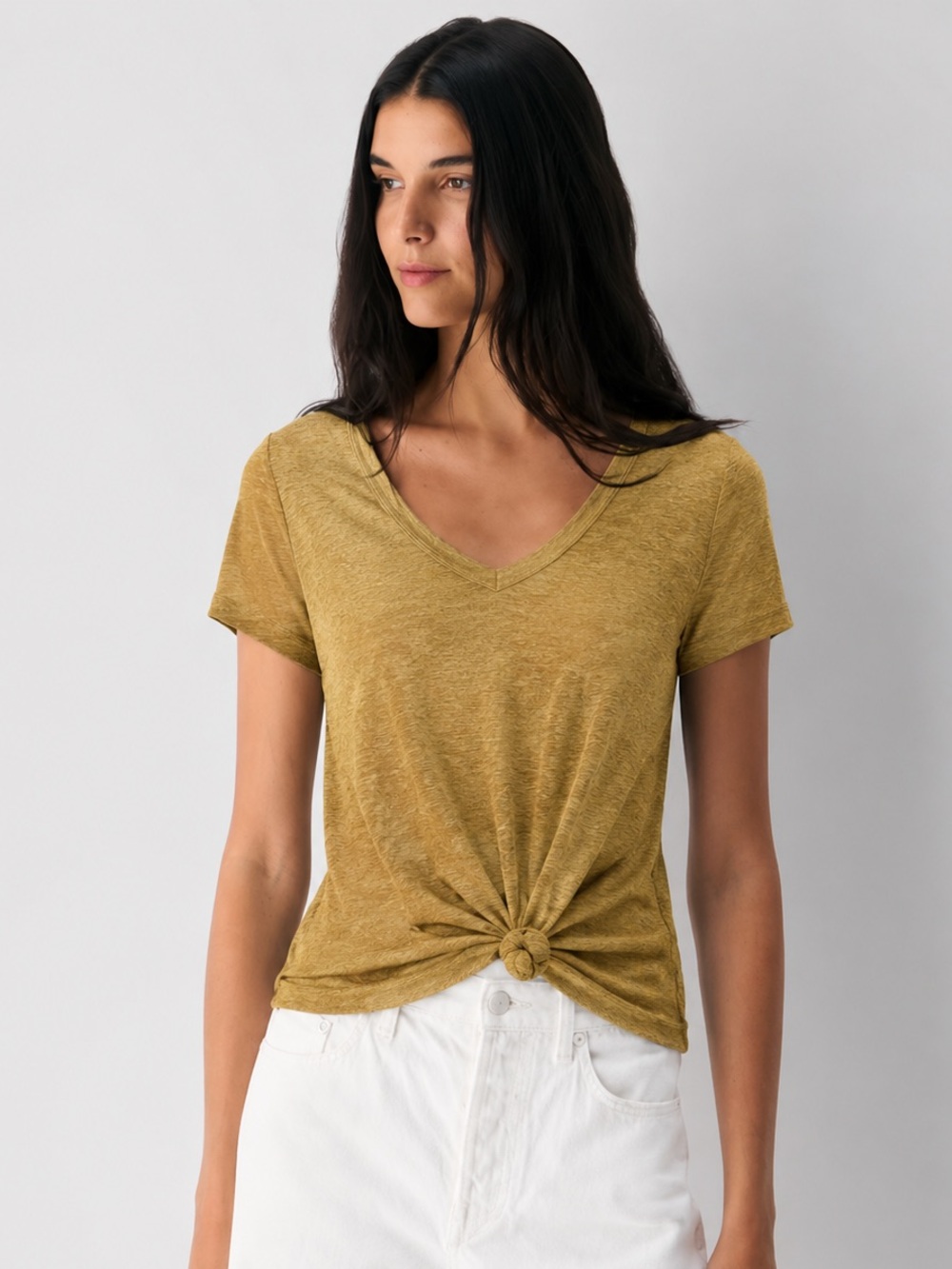 Caslon Mustard Front Knot Tee NWT | Soft Lightweight V-Neck Top | Size Small